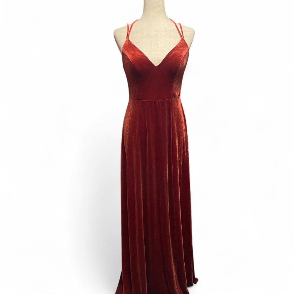 Azazie Sora Terracotta A-Line Halter Bow Velvet‎ Floor Length Formal Dress A6